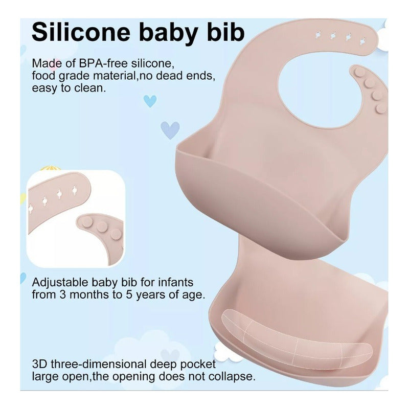 Kit Alimentación Bebe Vajilla Silicona Plato Babero 10 Pzas