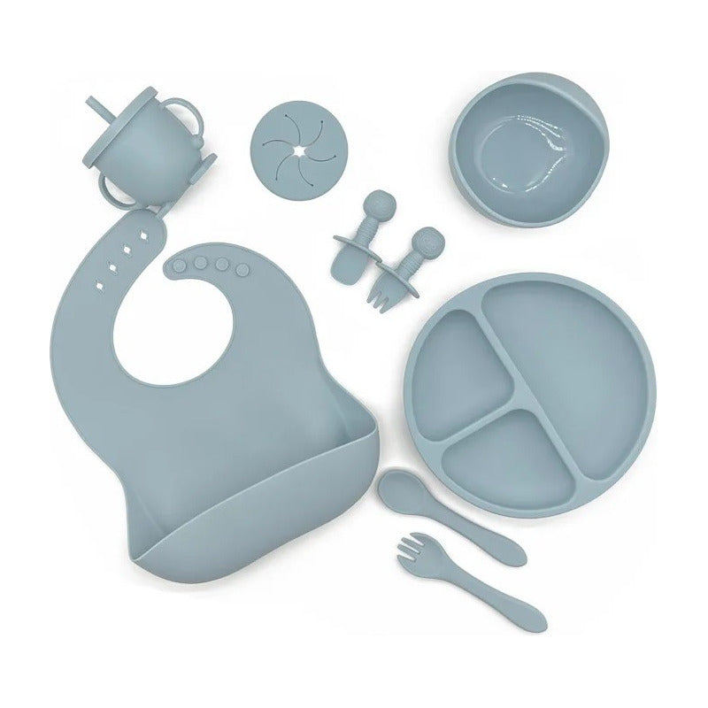 Kit Alimentación Bebe Vajilla Silicona Plato Babero 10 Pzas