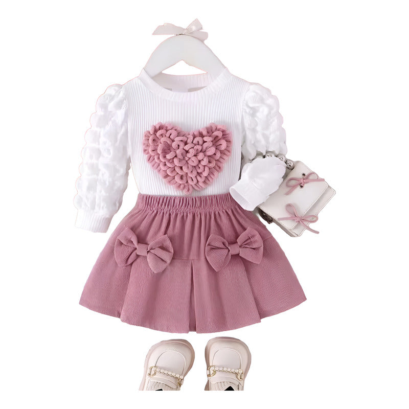 Conjunto Para Bebé Vestido Estampado De Corazón Y Falda