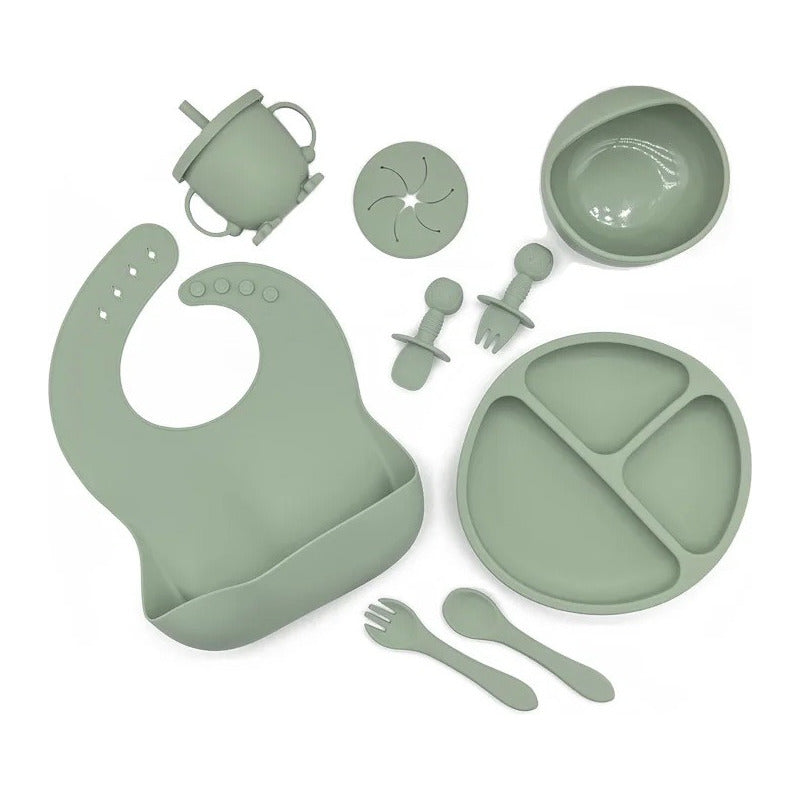 Kit Alimentación Bebe Vajilla Silicona Plato Babero 10 Pzas