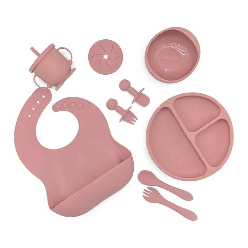 Kit Alimentación Bebe Vajilla Silicona Plato Babero 10 Pzas