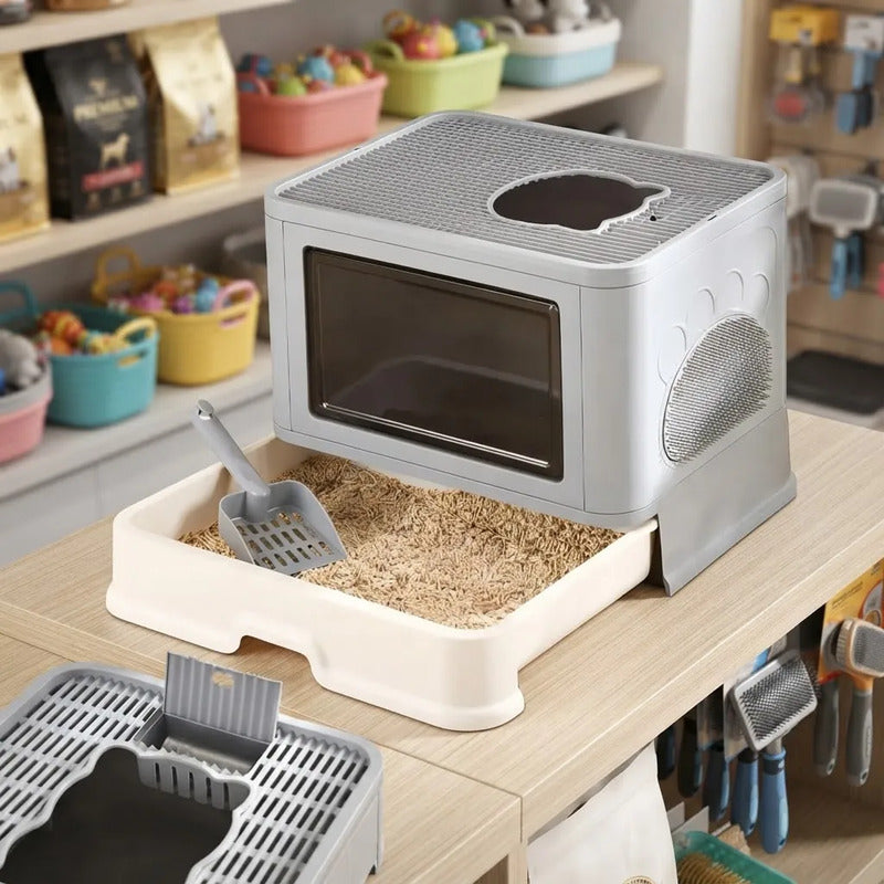 Caja De Arena Arenero Para Gatos Grande Plegable Hogar Gris