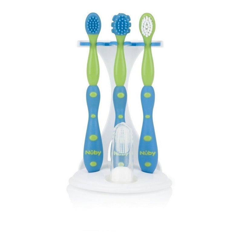 Set Cepillo De Dientes Para Bebe Nuby Azul Verde 4 Pzas